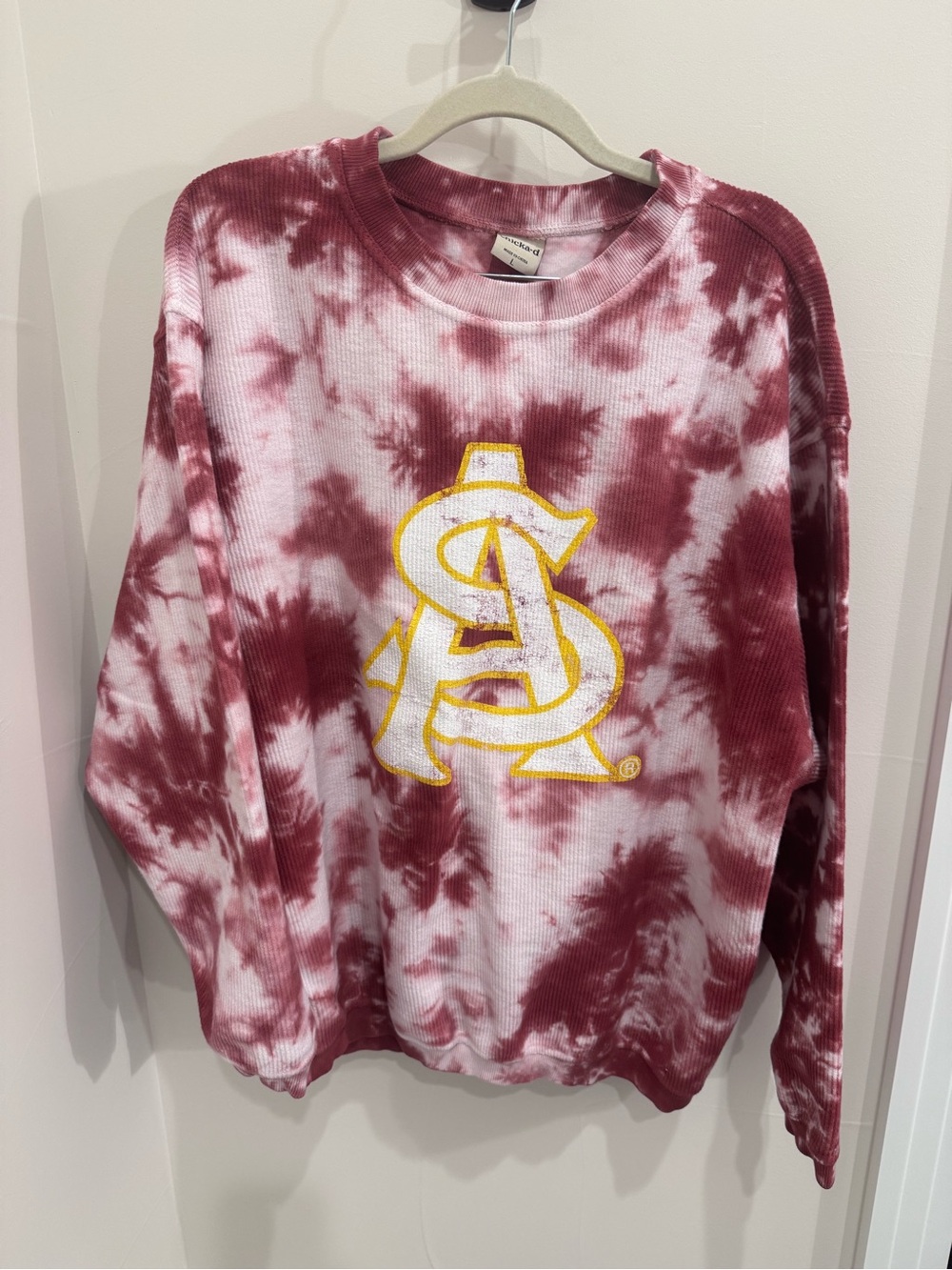 ASU Arizona State Tie-Dye Maroon & White Crewneck Sweatshirt with Yellow Logo